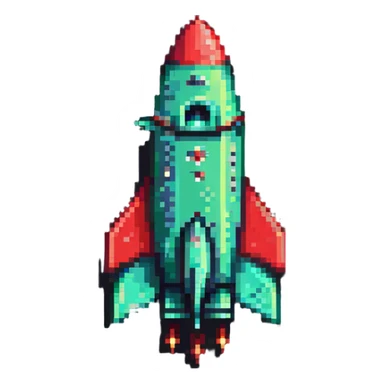diagonal rocket flying to upper right, green body transitioning to red at the fins, pixel art style sticker