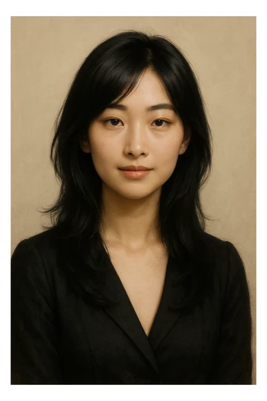 Chinese girl, black layered hair, elegant, semi-realistic, subtle smile, neutral background sticker