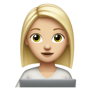 white girl with blonde straight medium length hair and green eyes, and apple laptop in front of her sticker