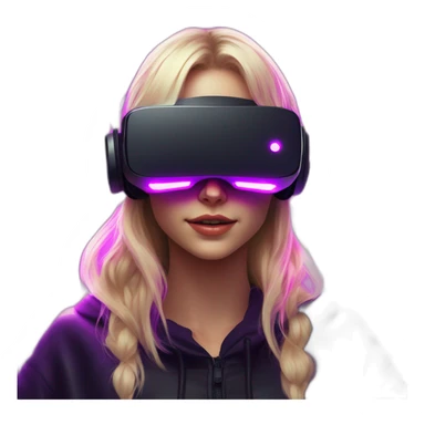 Russian blondy girl celebrating her birthday wearing a black hoodie and VR headset in a cyberpunk VR environment with violet neon lighting sticker