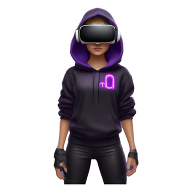 Russian girl wearing black hoody with violet letters "OMG", in vr headset oculus quest2. Standing like jedi. Cyberpunk style. Violet neon. sticker