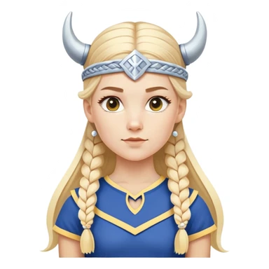 young white woman, light blonde hair styled in a long elegant braid with a white bow. She is wearing a stylized Viking helmet in blue and yellow colors (with small white horns and retro details). She wears a classic blue and yellow cheerleading uniform sticker