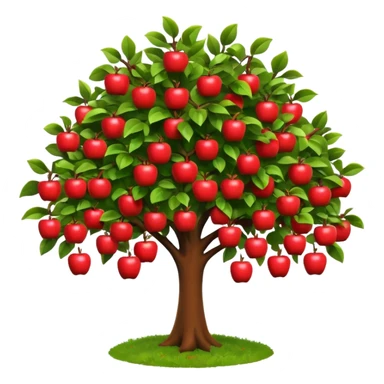 A 3D cartoon apple tree with red apples hanging from its branches, lush green leaves, bright daylight, Memoji-style realism. sticker