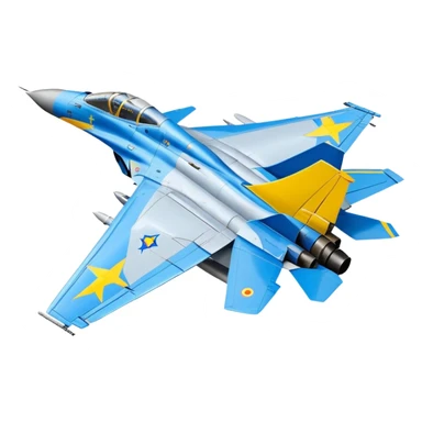 MiG-29 fighter jet with Ukrainian blue and yellow markings, military aircraft sticker