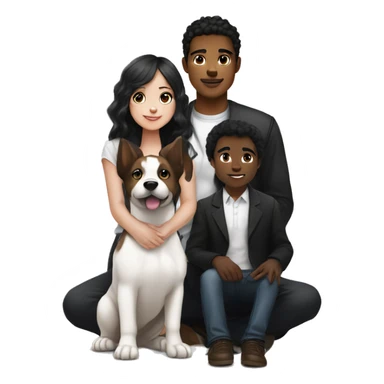 girl with white skin and black hair sitting next to a man with white skin and black hair, a black and white puppy sitting next to them and also a brown puppy sitting next to them sticker