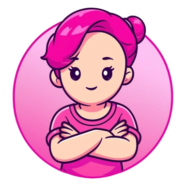 Shy girl character with arms crossed, transparent glass style, bright pink gradient, soft shadows and highlights, minimalist cute design sticker