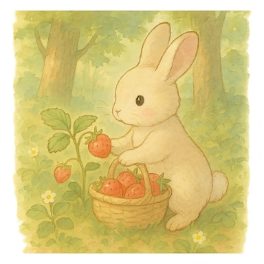 bunny picking strawberries in the woods, sweet pastel red, soft ghibli style sticker