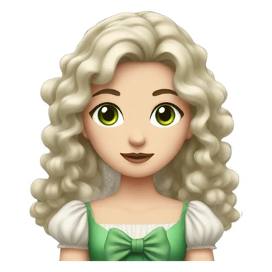 A woman with fair skin and green and eyes, brown long wavy hair, dressed in a dress with fluffy sleeves, holding a bow for shooting sticker