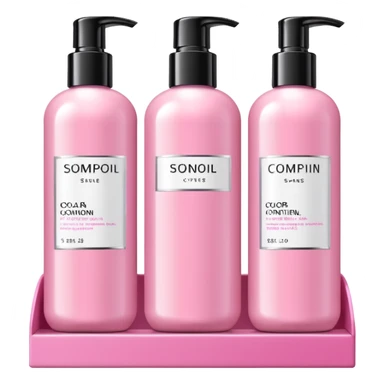 products on a shelf, there are Shampoo bottle, color tube, and conditioner on a pink shelf, the products are luxury brand-labeled and have nice packaging sticker
