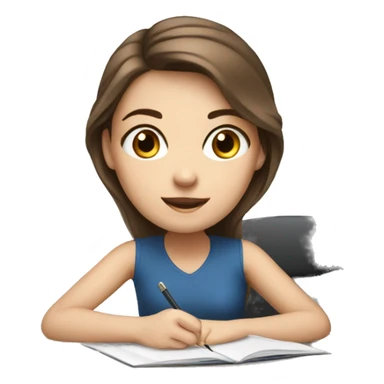 white girl studying at desk, brown hair, blue eyes, computer sticker