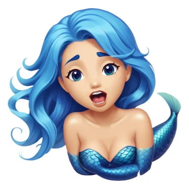 Cinematic Realistic Blue Hair Mermaid Portrait, head tilted slightly with a dramatic, wide-open yawn, revealing a tender, relaxed visage with intricately detailed, tanned skin and vibrant, cascading blue hair softly billowing around her. Her dreamy eyes exude a serene, aquatic charm, rendered with gentle underwater lighting and a soft, high-shine finish that captures the essence of a drowsy yet captivating mermaid drifting into tropical slumber. sticker