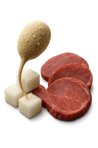 un batterio della candida si nutre di zollette di zuccheri e fettine di carne, IPERREALISTICO 4K sticker