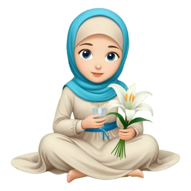 Turkish beautiful finish Konya girl blue eyes with lily flower hijab long tail dress and sits on the grass on the ground and hold lily flower on hand  sticker