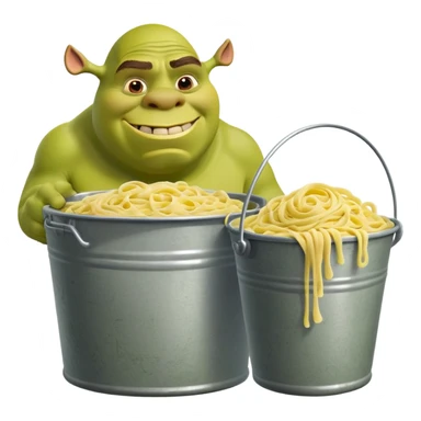 Shrek the green ogre holding a huge oversized bucket overflowing with carbonara pasta sticker