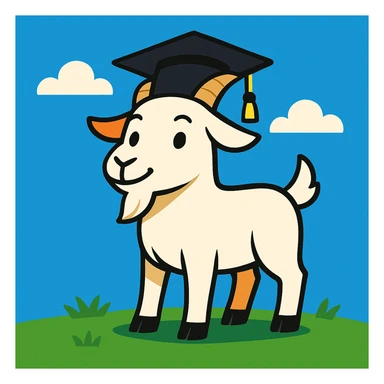 cute white goat with black graduation cap, standing on green grass under bright blue sky, proud and confident expression, cartoon style sticker
