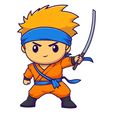 A blonde ninja boy with spiky hair, whisker marks on cheeks, orange outfit, and blue headband with metal plate sticker