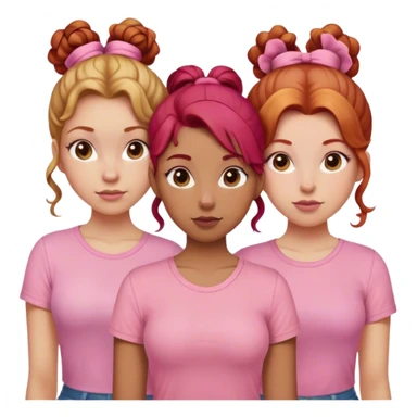 Three sisters one of them have red hair with buns. One of them have dirty blonde hair with ponytail. One of them have white curls with brown hair and they are all wearing pink shirts sticker