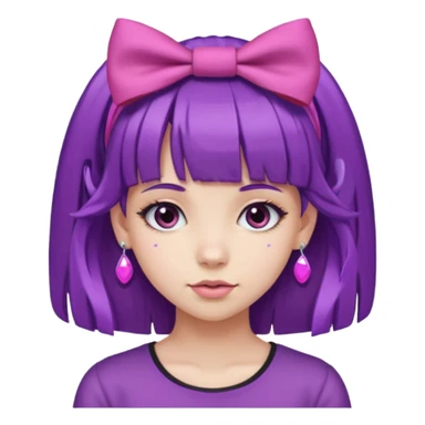 girl with bangs and purple hair and pink hairbow on the side of head and earrings sticker