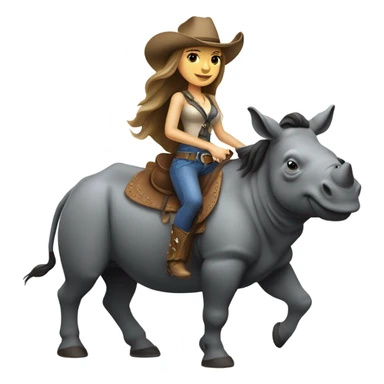 Caucausian woman with long hair with a cowboy hat and she’s riding a rhinoceros sticker