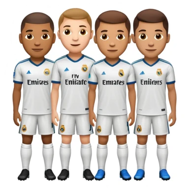 apple style emoji of Real Madrid and Barcelona football players including famous players like Mbappe, Ronaldo, Neymar, and Messi standing together saying funny phrases emphasizing team spirit and rivalry sticker