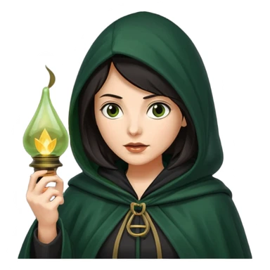 traitor tv show, dark haired woman wearing dark green cloak with hood up who looks very evil and is holding up a lantern sticker