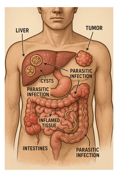a cross-section of a man’s torso displays various types of parasites embedded in the liver, intestines, and other organs. Tumor growths and inflamed tissues are clearly depicted, with arrows or labels explaining the link between parasitic infection and health problems. The mood is cautionary and informative. in italiano sticker