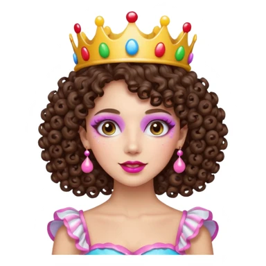 brunette curly haired queen of the candyland, with candy makeup candy crown and just face sticker