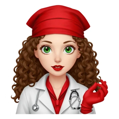 Spanish sexy evil woman. She has green eyes.  had brown long curly hair.  evil surgeon kills with needle wears red sexy doctor coat with red bandana on her mouth and nose to hide and wearing red gloves.  sticker