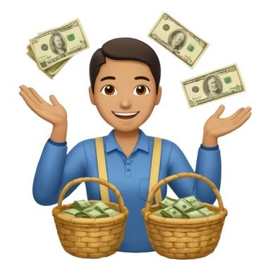 baskets, some overflowing with money, others with colombian arepas in the background a very happy person ridiculously throwing money around sticker