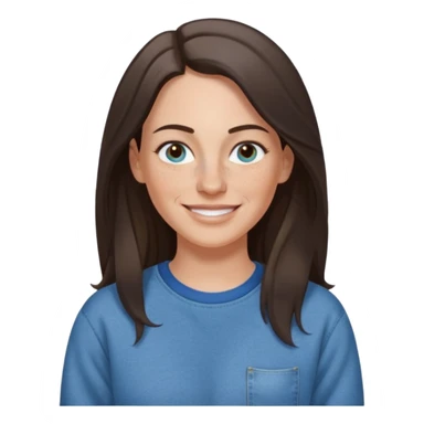 A 38 year old white woman with long dark brown hair parted in the middle. She has a nose ring. She has freckles and is wearing a sweatshirt and jeans smiling sticker