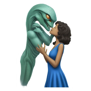 a Reptilian alien woman, in blue dress,  kissing morfeo sticker