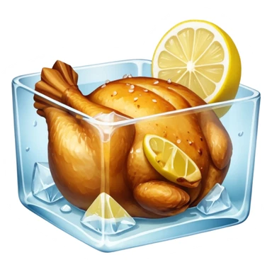 a baked chicken dish with lemon wedges in a large ice cube sticker