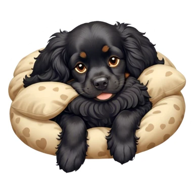 Cinematic Meme-Worthy Chubby Sleeping Black Cocker Spaniel Portrait Emoji, Head resting peacefully with a contented smile, showcasing a delightfully chubby build and a luxuriously soft black coat with gentle tan markings, eyes shut in a serene nap, Simplified yet hilariously adorable features, highly detailed, glowing with a soft, drowsy light, high shine, relaxed and utterly lovable, stylized with an air of playful laziness, bright and heartwarming, soft glowing outline, capturing the essence of a comically sleepy companion, so meme-worthy it feels like it could instantly become the next viral sensation of adorable slumber! sticker