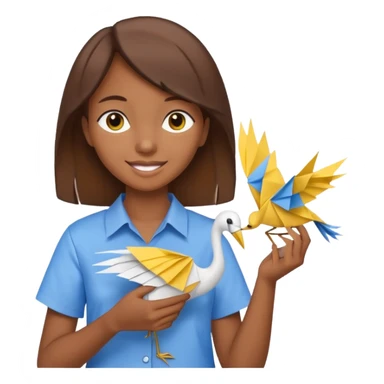 happy-african-young-girl-with-brown-hair-in-a-white-kanga-shirt-holds-an-origami-yellow-and-blue-crane sticker