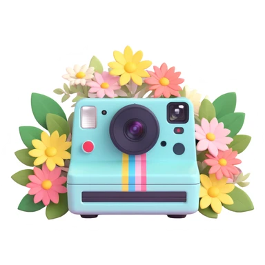 A 3D iOS style illustration of a Polaroid camera with a photo of flowers on top. The camera should have a pastel color scheme with floral decorations. The design should be clean and have a polished look typical of iOS design language. sticker
