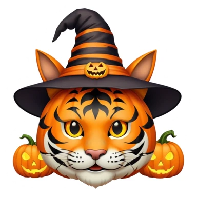 tiger face in Halloween costume with pumpkin and witch hat for Twitch emote sticker
