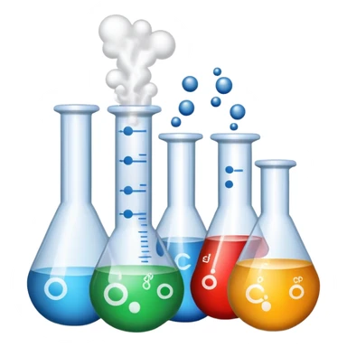 An icon featuring chemical flasks with tubes, representing hydrolysis, along with liquids, powders, and chemical formulas. The design includes molecules and reaction symbols, symbolizing the study of chemical processes and compounds. Transparent background highlights the science of reactions. sticker