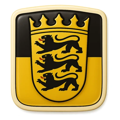 Create an emoji of the Baden-Württemberg coat of arms featuring three black lions and a crown. The style should be less cartoonish and match the retro stickers style similar to the first Berlin icon from the last batch. Use the official Baden-Württemberg flag as the full background. No text included. sticker