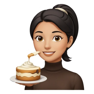  tan skin woman with long face, and short black hair slicked back ponytail with forehead showing, wearing white turtleneck shirt, eating tiramisu smiling with middle parted hair sticker