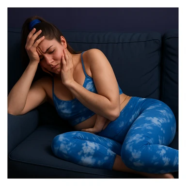 A slender woman in 4K, lying on a sofa, one hand on the reddened forehead, the other on the jaw, tense and suffering face, inspired by the reference photo. sticker