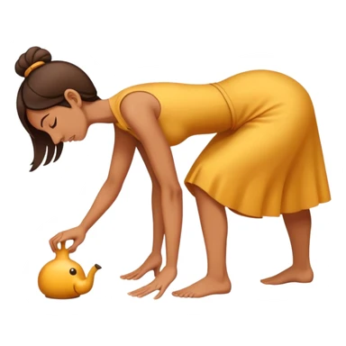 Woman bowing while standing on a huge nose sticker