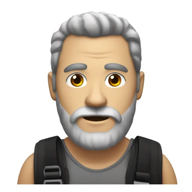 Create a burly man with a trimmed beard, big hairy chest with a black chest strap sticker