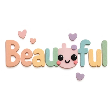 Add a cute kawaii face and tiny pastel hearts to the text, keep the 3D paper-craft effect, no outline, transparent background sticker