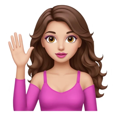girl with long wavy brown hair, brown eyes, long lashes makeup, sexy pink lips, light to medium complexion, pink sexy top,waving sticker