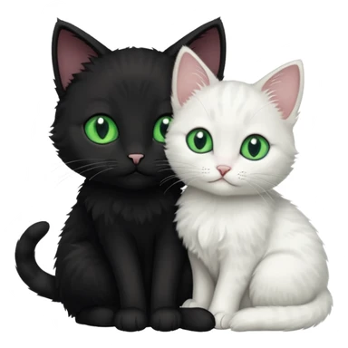 Black cat with green eyes cuddling next to small white kitten with blue eyes  sticker