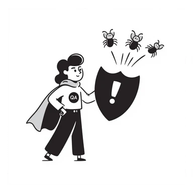 QA engineer superhero with cape and bug shield sticker