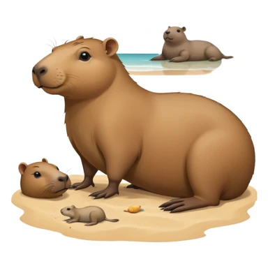 a capybara with a seal laying on a peaceful beach with other capybaras close by sticker