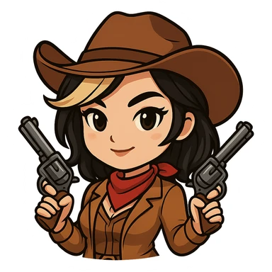 Edit this chibi cowgirl to have slightly longer hair with a visible blonde streak. Keep the cowboy hat, western outfit, two revolvers, confident pose, and chibi/anime style. Transparent background, sized for Twitch or Discord use. sticker