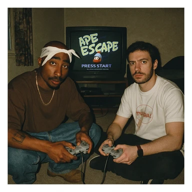 Create a grungy analog photo in 1999 style featuring a famous rapper (in the style of Tupac but not recognizable) and the boy from the reference photo sitting on the floor of a dimly lit bedroom. They are in front of a 90s CRT TV showing Ape Escape on Playstation 1. Both hold Playstation 1 controllers and look towards the camera with a flash photo being taken. The atmosphere is analog, grunge, unmodified, with the game visible on the screen in the background. sticker