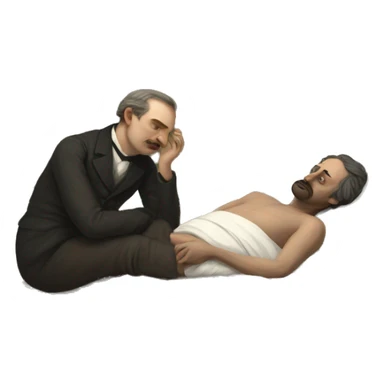 A sick man on a bed in 1870 sticker